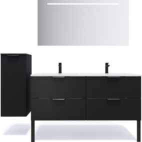 Meuble de salle de bain suspendu double vasque intégrée 140cm 4 tiroirs Noir + miroir + colonne ouverture gauche - Soho