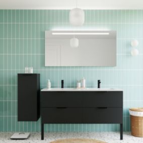 Meuble de salle de bain suspendu double vasque intégrée 140cm 4 tiroirs Noir + miroir + colonne ouverture gauche - Soho