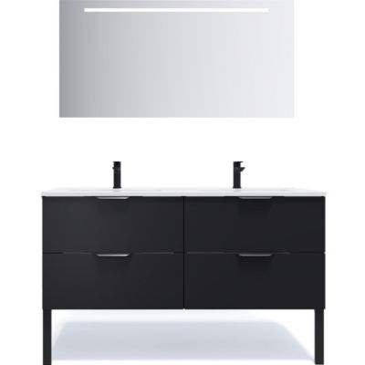 Meuble de salle de bain suspendu double vasque intégrée 140cm 4 tiroirs Noir + miroir - Soho