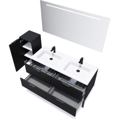Meuble de salle de bain suspendu double vasque intégrée 140cm 4 tiroirs Noir + miroir - Soho