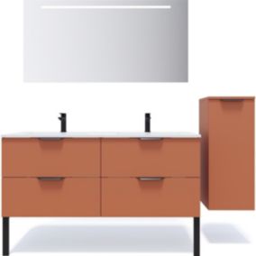 Meuble de salle de bain suspendu double vasque intégrée 140cm 4 tiroirs Terracotta + miroir + colonne ouverture droite - Soho