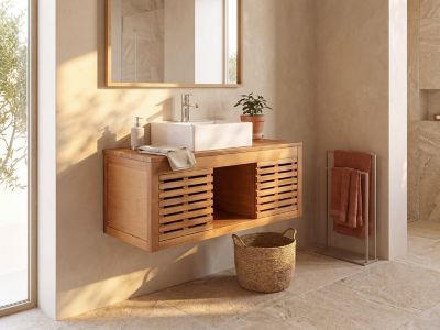 Meuble de salle de bain suspendu en bois d'acacia avec simple vasque - 90 cm  - PENEBEL