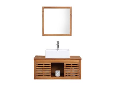 Meuble de salle de bain suspendu en bois d'acacia avec simple vasque et miroir - 90 cm  - PENEBEL