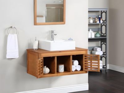 Meuble de salle de bain suspendu en bois d'acacia avec simple vasque et miroir - 90 cm  - PENEBEL