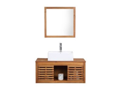 Meuble de salle de bain suspendu en bois d'acacia avec simple vasque et miroir - 90 cm  - PENEBEL