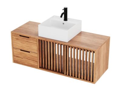 Meuble de salle de bain suspendu en teck avec simple vasque carrée - 120 cm - PARNU