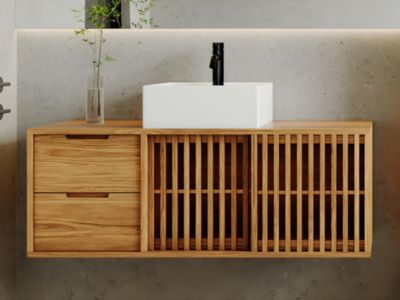 Meuble de salle de bain suspendu en teck avec simple vasque carrée - 120 cm - PARNU