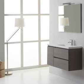 Meuble de salle de bain suspendu gris 90 cm avec 1 porte et 2 tiroirs, lavabo à droite, miroir 90x70 - manhattan