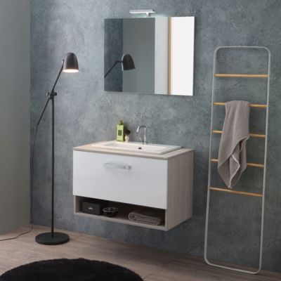 Meuble De Salle De Bain Suspendu Lotto 80Cm Chêne Gris Avec Façade Blanche Et Lavabo Au-Dessus