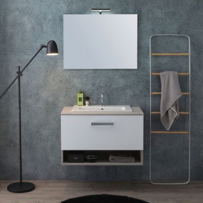 Meuble De Salle De Bain Suspendu Lotto 80Cm Chêne Gris Avec Façade Blanche Et Lavabo Au-Dessus