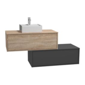 Meuble de salle de bain suspendu naturel clair et anthracite avec simple vasque carrée et deux tiroirs - 94 cm - TEANA II