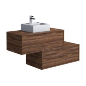 Meuble de salle de bain suspendu naturel foncé avec simple vasque carrée et deux tiroirs - 94 cm - TEANA II