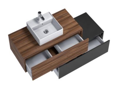 Meuble de salle de bain suspendu naturel foncé et anthracite avec simple vasque carrée et deux tiroirs - 94 cm - TEANA II
