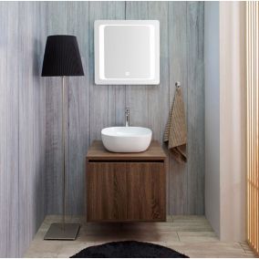 Meuble de salle de bain suspendu noyer 60cm avec 2 portes, lavabo à poser, miroir led - sienne