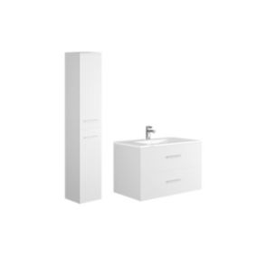 Meuble de salle de bain suspendu simple vasque avec colonne de rangement - Coloris blanc - 80 cm - KAYLA