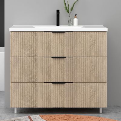 Meuble de salle de bain suspendu Strié 100cm avec poignées + simple vasque + 3 tiroirs, Chêne, AICA SANITAIRE