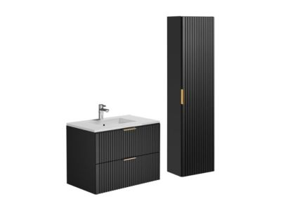 Meuble de salle de bain suspendu strié avec vasque à encastrer et colonne - Noir - 80 cm - ZEVARA