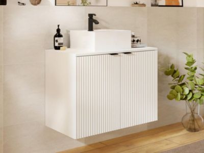 Meuble de salle de bain suspendu strié avec vasque à poser - Blanc - 80 cm - PARMIZA