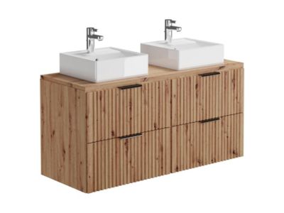 Meuble de salle de bain suspendu strié avec vasque à poser - Naturel clair - L120 cm - ZEVARA