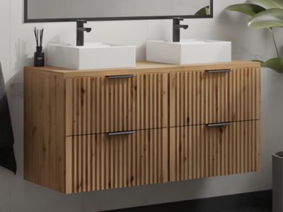 Meuble de salle de bain suspendu strié avec vasque à poser - Naturel clair - L120 cm - ZEVARA