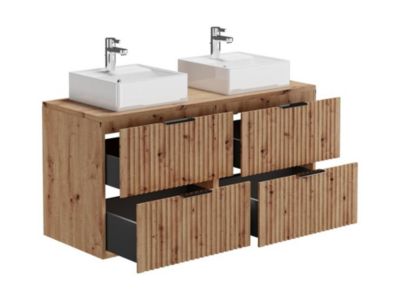 Meuble de salle de bain suspendu strié avec vasque à poser - Naturel clair - L120 cm - ZEVARA