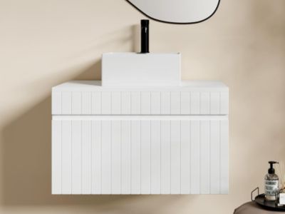 Meuble de salle de bain suspendu strié blanc avec vasque carrée à poser - 80 cm - SATARA
