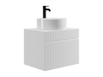 Meuble de salle de bain suspendu strié blanc avec vasque ronde à poser - 60 cm - SATARA