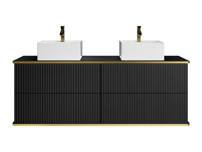 Meuble de salle de bain suspendu strié liseré doré avec double vasque à poser carrée et 4 tiroirs - Noir - 150 cm - KELIZA