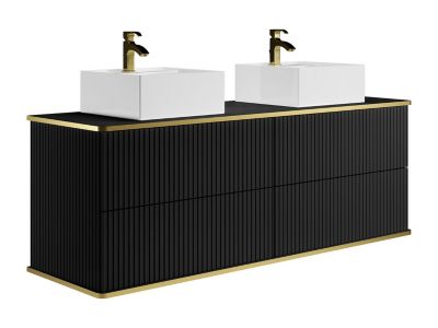 Meuble de salle de bain suspendu strié liseré doré avec double vasque à poser carrée et 4 tiroirs - Noir - 150 cm - KELIZA