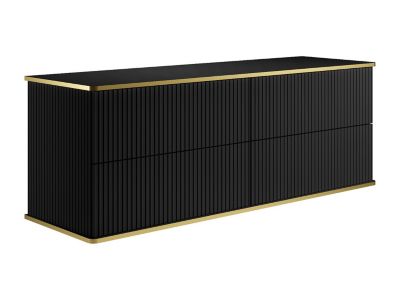 Meuble de salle de bain suspendu strié liseré doré avec double vasque à poser carrée et 4 tiroirs - Noir - 150 cm - KELIZA