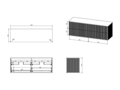 Meuble de salle de bain suspendu strié liseré doré avec double vasque à poser carrée et 4 tiroirs - Noir - 150 cm - KELIZA
