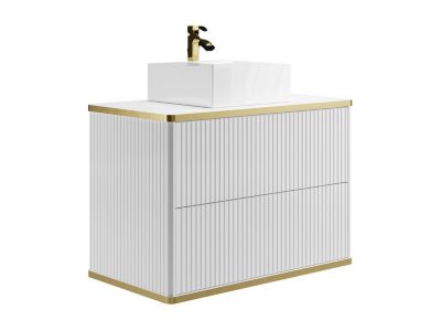 Meuble de salle de bain suspendu strié liseré doré avec vasque à poser carrée - Blanc - 80 cm - KELIZA