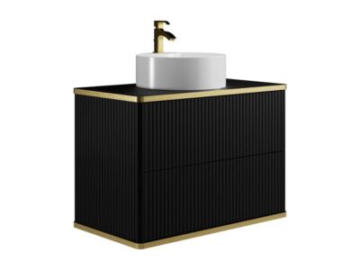 Meuble de salle de bain suspendu strié liseré doré avec vasque à poser ronde - Noir - 80 cm - KELIZA