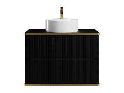 Meuble de salle de bain suspendu strié liseré doré avec vasque à poser ronde - Noir - 80 cm - KELIZA