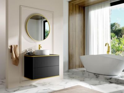 Meuble de salle de bain suspendu strié liseré doré avec vasque à poser ronde - Noir - 80 cm - KELIZA