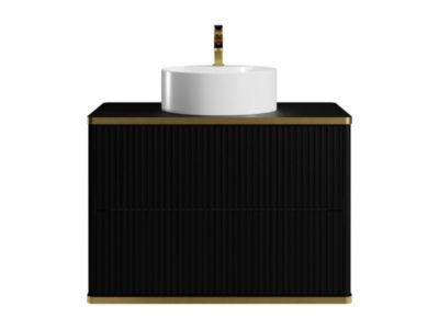 Meuble de salle de bain suspendu strié liseré doré avec vasque à poser ronde - Noir - 80 cm - KELIZA