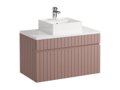 Meuble de salle de bain suspendu strié rose avec vasque à poser - 80 cm  - SATARA