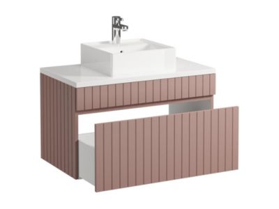 Meuble de salle de bain suspendu strié rose avec vasque à poser - 80 cm  - SATARA
