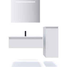 Meuble de salle de bain suspendu vasque intégrée 90cm 1 tiroir Blanc + miroir + colonne ouverture droite - Hudson