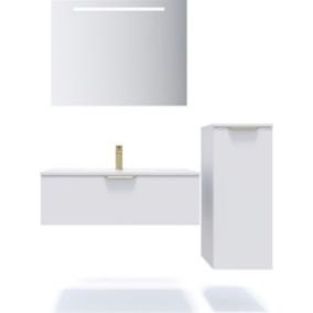 Meuble de salle de bain suspendu vasque intégrée 90cm 1 tiroir Blanc + miroir + colonne ouverture droite - Venice