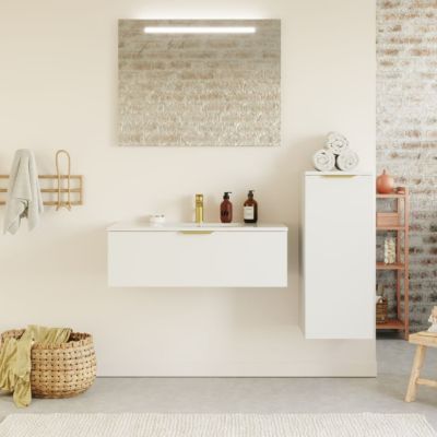 Meuble de salle de bain suspendu vasque intégrée 90cm 1 tiroir Blanc + miroir + colonne ouverture droite - Venice