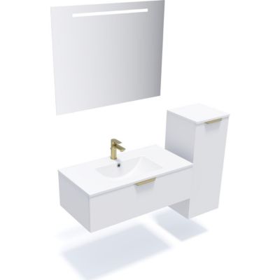 Meuble de salle de bain suspendu vasque intégrée 90cm 1 tiroir Blanc + miroir + colonne ouverture droite - Venice