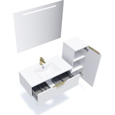 Meuble de salle de bain suspendu vasque intégrée 90cm 1 tiroir Blanc + miroir + colonne ouverture droite - Venice