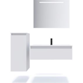 Meuble de salle de bain suspendu vasque intégrée 90cm 1 tiroir Blanc + miroir + colonne ouverture gauche - Hudson