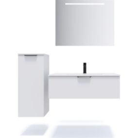 Meuble de salle de bain suspendu vasque intégrée 90cm 1 tiroir Blanc + miroir + colonne ouverture gauche - Soho