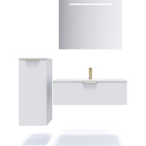 Meuble de salle de bain suspendu vasque intégrée 90cm 1 tiroir Blanc + miroir + colonne ouverture gauche - Venice