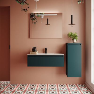 Meuble de salle de bain suspendu vasque intégrée 90cm 1 tiroir Bleu + miroir + colonne ouverture droite - Hudson