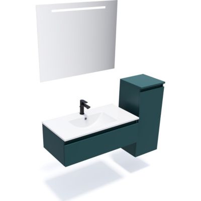 Meuble de salle de bain suspendu vasque intégrée 90cm 1 tiroir Bleu + miroir + colonne ouverture droite - Hudson