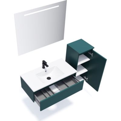 Meuble de salle de bain suspendu vasque intégrée 90cm 1 tiroir Bleu + miroir + colonne ouverture droite - Hudson