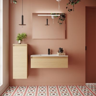 Meuble de salle de bain suspendu vasque intégrée 90cm 1 tiroir Chêne clair - Hudson